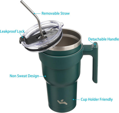 20 oz Tumbler with Handle and Straw, Insulated Travel Mug | Gum; BPA-free, leak-proof tumbler with 2 lids, 2 straws, cup holder fit for coffee, office, travel & daily use