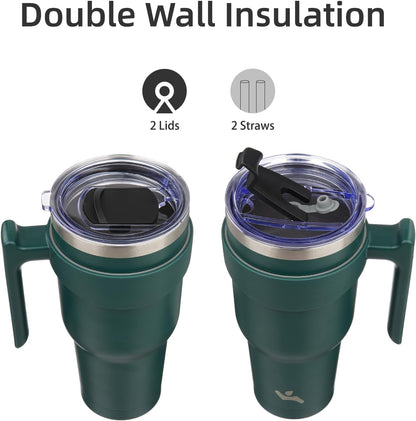 20 oz Tumbler with Handle and Straw, Insulated Travel Mug | Gum; BPA-free, leak-proof tumbler with 2 lids, 2 straws, cup holder fit for coffee, office, travel & daily use