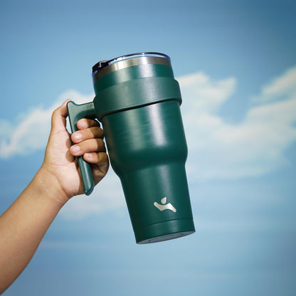 20 oz Tumbler with Handle and Straw, Insulated Travel Mug | Gum; BPA-free, leak-proof tumbler with 2 lids, 2 straws, cup holder fit for coffee, office, travel & daily use