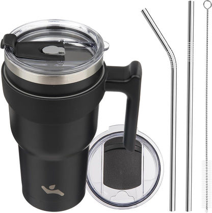 20 oz Tumbler with Handle and Straw, Insulated Travel Mug | Gum; BPA-free, leak-proof tumbler with 2 lids, 2 straws, cup holder fit for coffee, office, travel & daily use