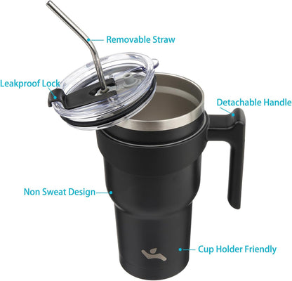 20 oz Tumbler with Handle and Straw, Insulated Travel Mug | Gum; BPA-free, leak-proof tumbler with 2 lids, 2 straws, cup holder fit for coffee, office, travel & daily use