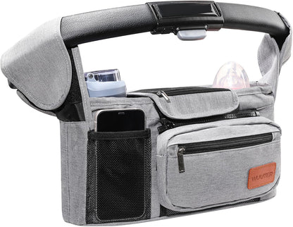 Stroller Organizer with Cup Holder Detachable Wristlet Large Capacity Baby Stroller Bag for Mom, Fits Uppababy, Baby Jogger, Britax, BOB, More (Grey)
