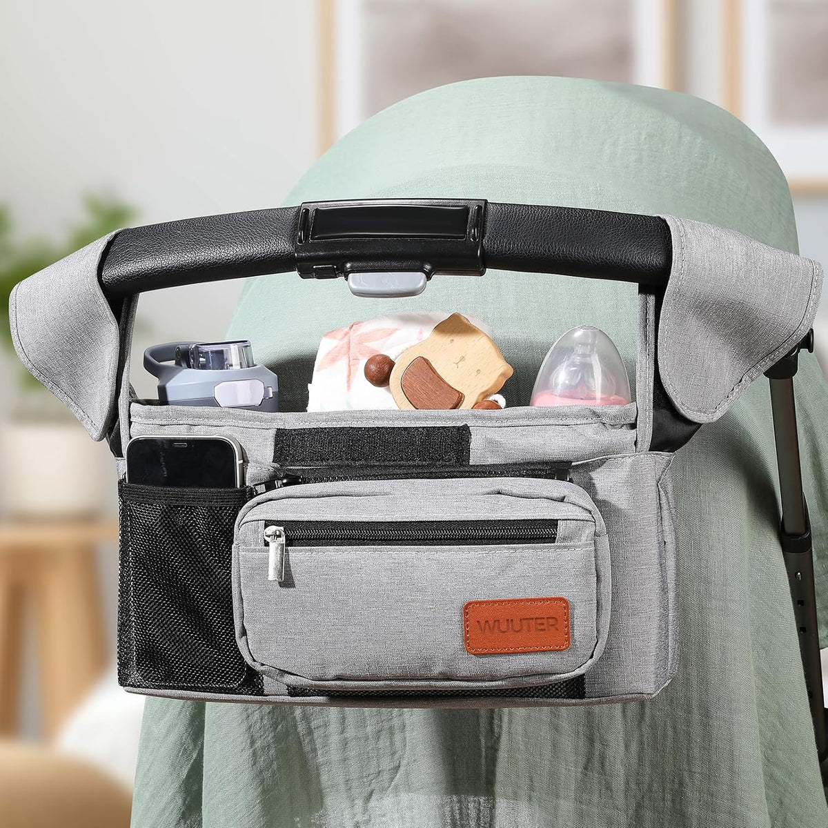 Stroller Organizer with Cup Holder Detachable Wristlet Large Capacity Baby Stroller Bag for Mom, Fits Uppababy, Baby Jogger, Britax, BOB, More (Grey)
