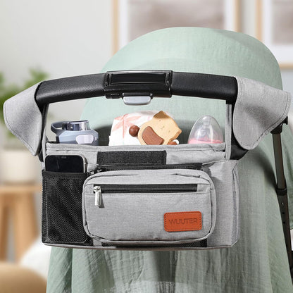 Stroller Organizer with Cup Holder Detachable Wristlet Large Capacity Baby Stroller Bag for Mom, Fits Uppababy, Baby Jogger, Britax, BOB, More (Grey)