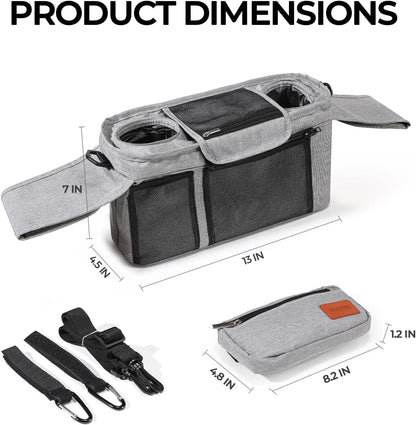 Stroller Organizer with Cup Holder Detachable Wristlet Large Capacity Baby Stroller Bag for Mom, Fits Uppababy, Baby Jogger, Britax, BOB, More (Grey)