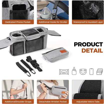Stroller Organizer with Cup Holder Detachable Wristlet Large Capacity Baby Stroller Bag for Mom, Fits Uppababy, Baby Jogger, Britax, BOB, More (Grey)