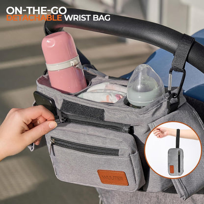 Stroller Organizer with Cup Holder Detachable Wristlet Large Capacity Baby Stroller Bag for Mom, Fits Uppababy, Baby Jogger, Britax, BOB, More (Grey)