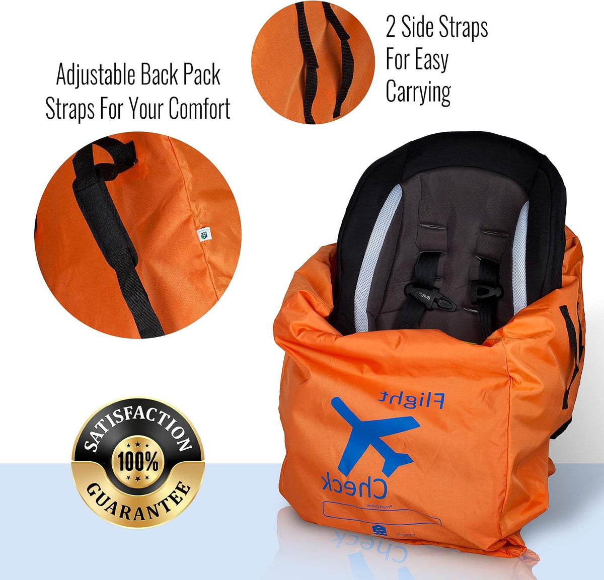 Car Seat Travel Bag and Carrier for Gate Check with Travel Pouch - Bright Orange with Blue Letters for Airport, Airplane Gate Check, Car Trips and Storage Double Backpack Straps | Carseat Bag for sto