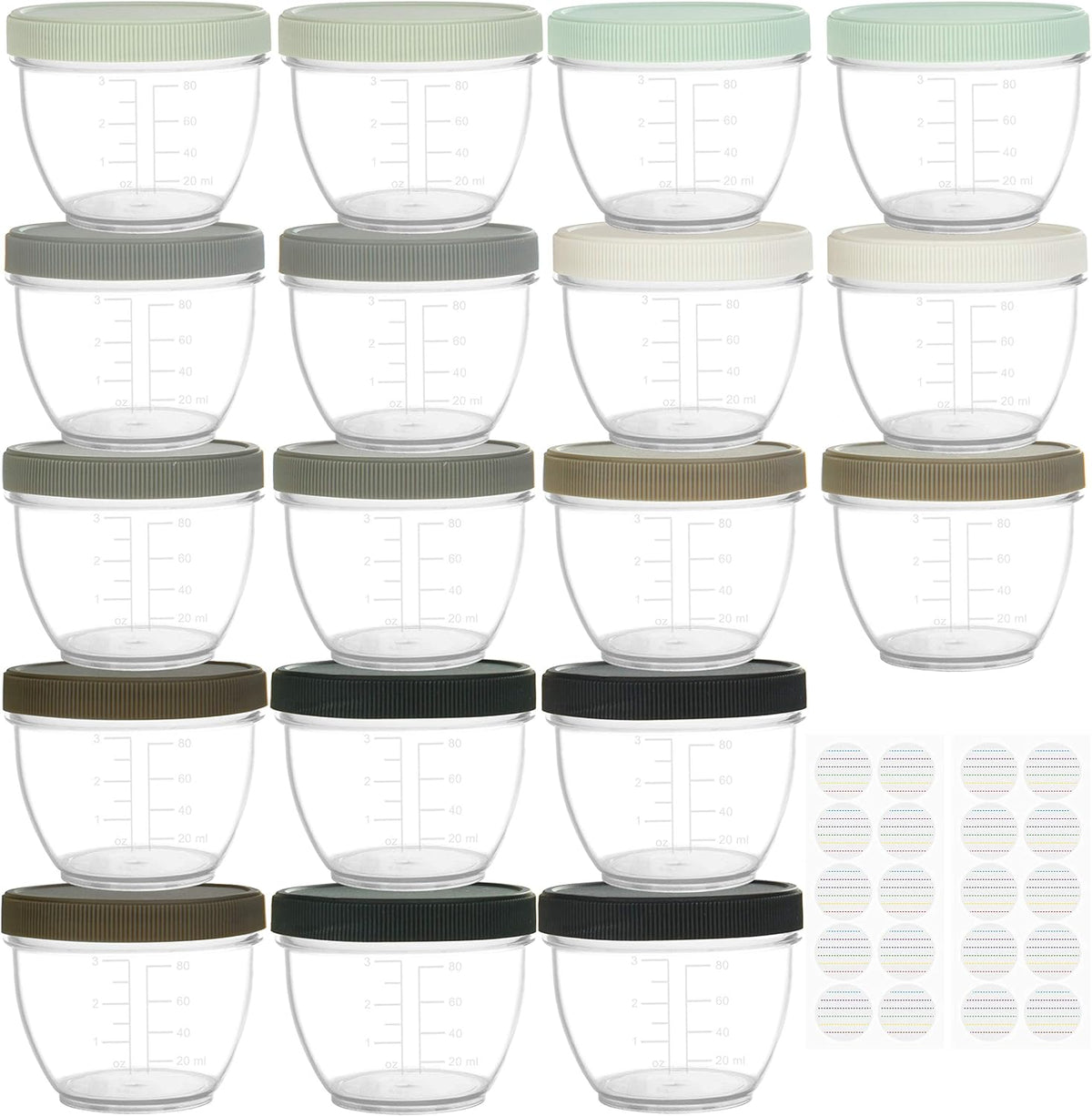 18 Sets Baby Food Storage, 4 Ounce Plastic Baby Food Containers with Lids, 9 Urban Colors, with Lids Labels