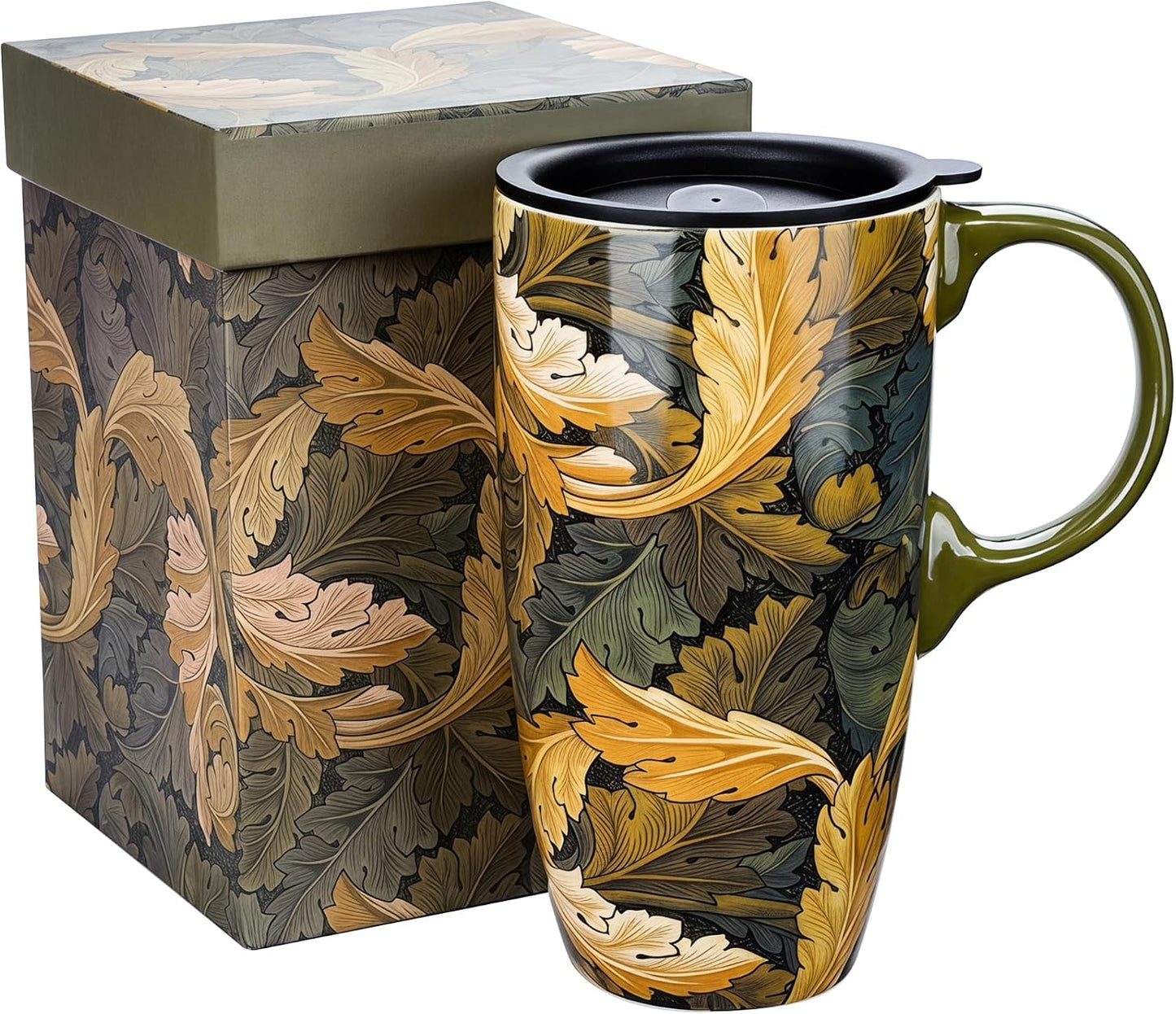 17oz Ceramic Travel Mug with Lid, Art Nouveau Floral Coffee Mug | Vintage Blue Botanical Latte Cup, Microwave & Dishwasher Safe Gift Mug for Home Office Commute