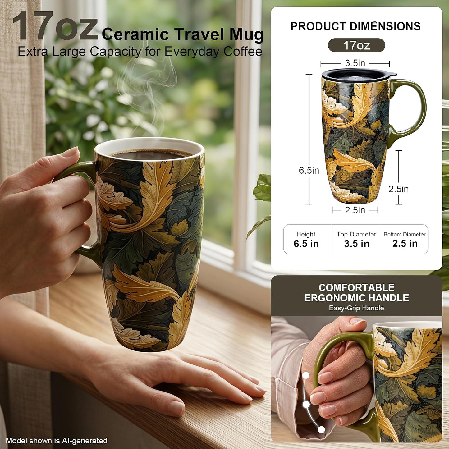 17oz Ceramic Travel Mug with Lid, Art Nouveau Floral Coffee Mug | Vintage Blue Botanical Latte Cup, Microwave & Dishwasher Safe Gift Mug for Home Office Commute