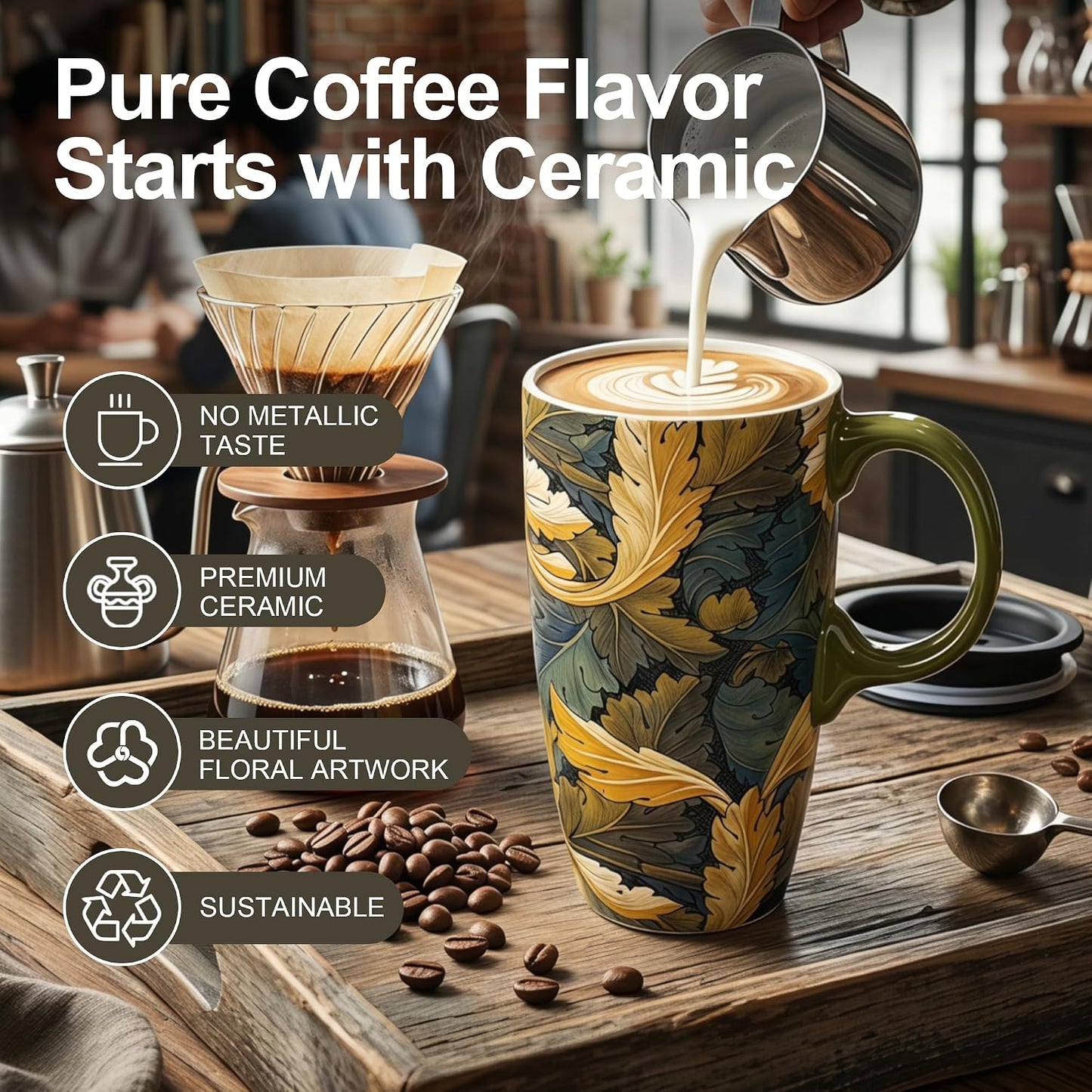17oz Ceramic Travel Mug with Lid, Art Nouveau Floral Coffee Mug | Vintage Blue Botanical Latte Cup, Microwave & Dishwasher Safe Gift Mug for Home Office Commute