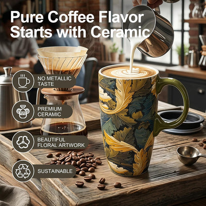 17oz Ceramic Travel Mug with Lid, Art Nouveau Floral Coffee Mug | Vintage Blue Botanical Latte Cup, Microwave & Dishwasher Safe Gift Mug for Home Office Commute