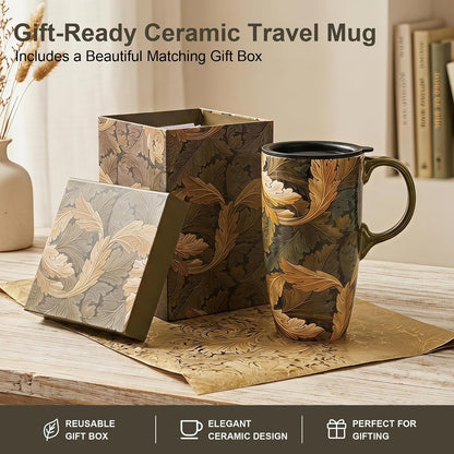17oz Ceramic Travel Mug with Lid, Art Nouveau Floral Coffee Mug | Vintage Blue Botanical Latte Cup, Microwave & Dishwasher Safe Gift Mug for Home Office Commute