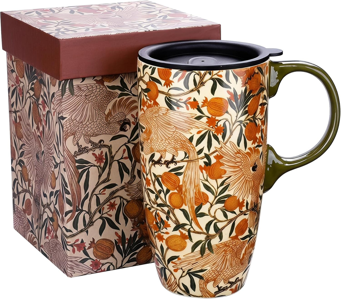 17oz Ceramic Travel Mug with Lid, Art Nouveau Floral Coffee Mug | Vintage Blue Botanical Latte Cup, Microwave & Dishwasher Safe Gift Mug for Home Office Commute