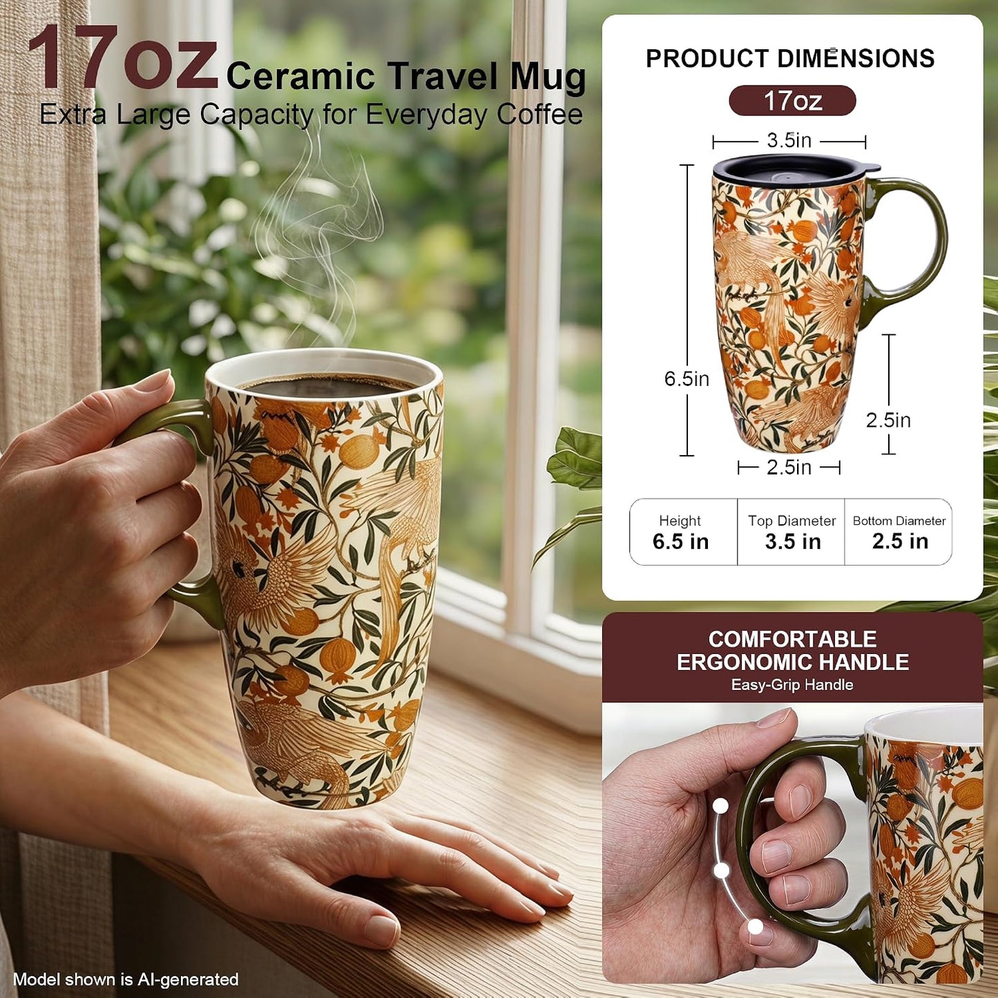 17oz Ceramic Travel Mug with Lid, Art Nouveau Floral Coffee Mug | Vintage Blue Botanical Latte Cup, Microwave & Dishwasher Safe Gift Mug for Home Office Commute