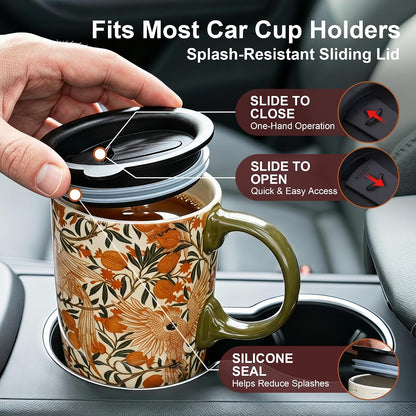 17oz Ceramic Travel Mug with Lid, Art Nouveau Floral Coffee Mug | Vintage Blue Botanical Latte Cup, Microwave & Dishwasher Safe Gift Mug for Home Office Commute