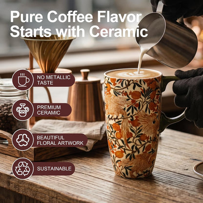 17oz Ceramic Travel Mug with Lid, Art Nouveau Floral Coffee Mug | Vintage Blue Botanical Latte Cup, Microwave & Dishwasher Safe Gift Mug for Home Office Commute