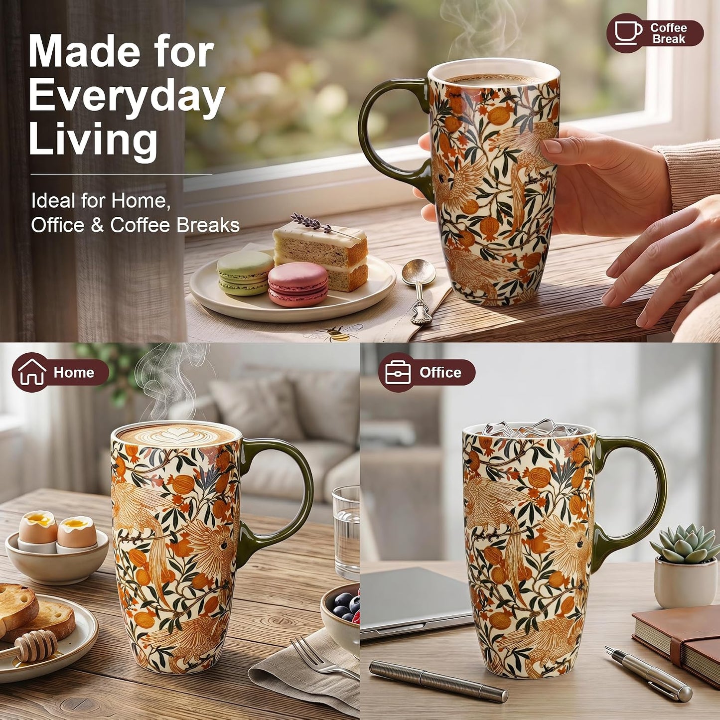 17oz Ceramic Travel Mug with Lid, Art Nouveau Floral Coffee Mug | Vintage Blue Botanical Latte Cup, Microwave & Dishwasher Safe Gift Mug for Home Office Commute