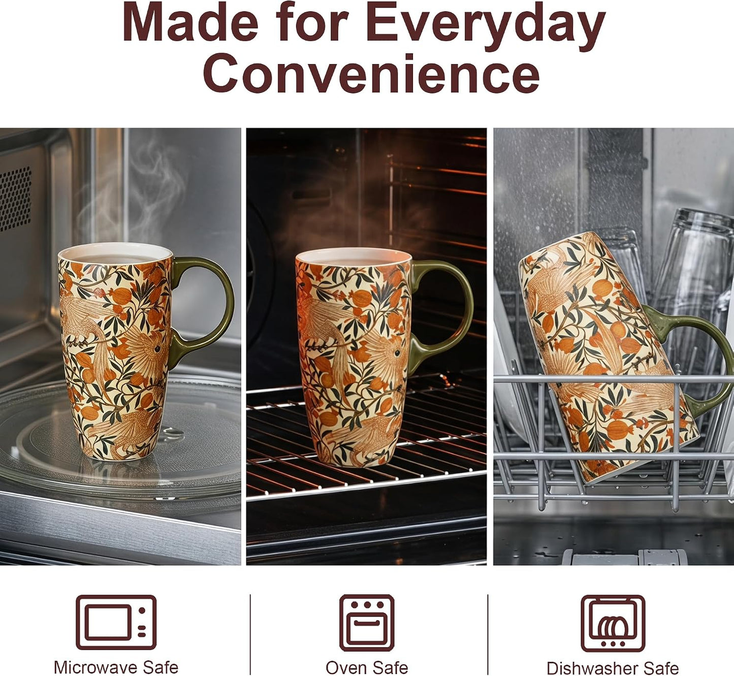 17oz Ceramic Travel Mug with Lid, Art Nouveau Floral Coffee Mug | Vintage Blue Botanical Latte Cup, Microwave & Dishwasher Safe Gift Mug for Home Office Commute