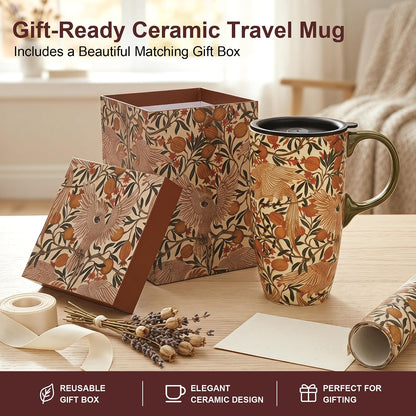 17oz Ceramic Travel Mug with Lid, Art Nouveau Floral Coffee Mug | Vintage Blue Botanical Latte Cup, Microwave & Dishwasher Safe Gift Mug for Home Office Commute
