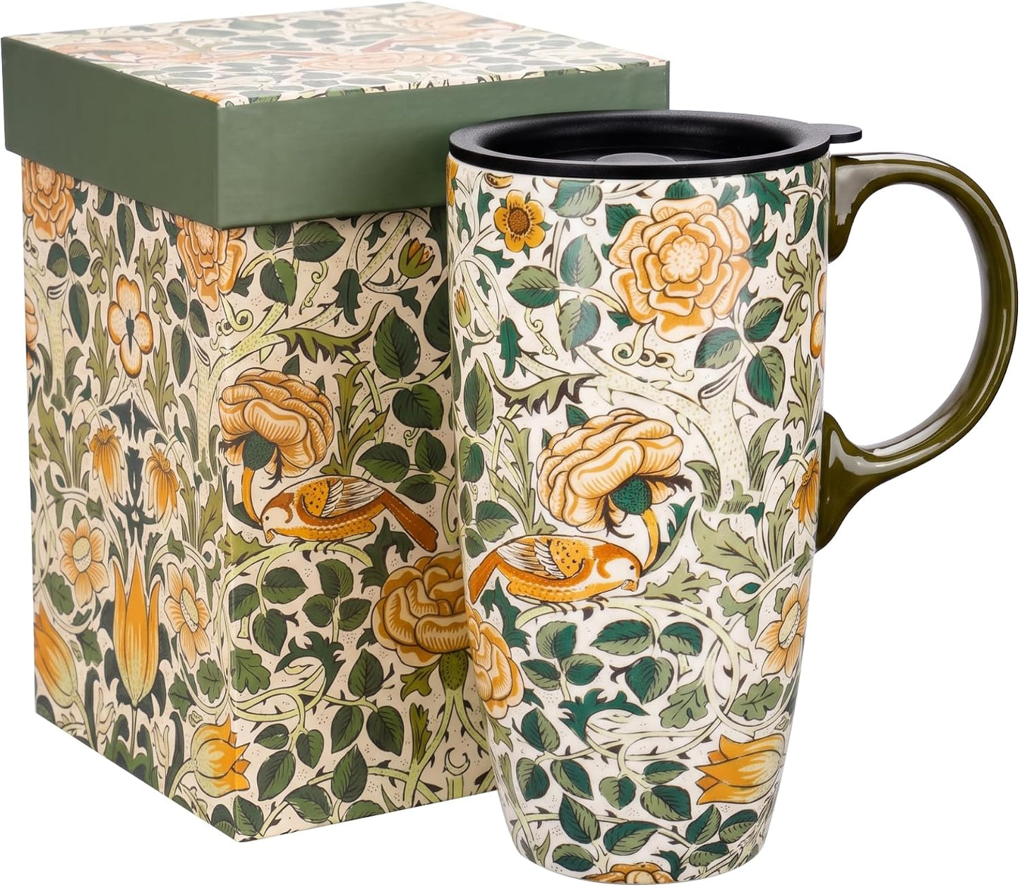 17oz Ceramic Travel Mug with Lid, Art Nouveau Floral Coffee Mug | Vintage Blue Botanical Latte Cup, Microwave & Dishwasher Safe Gift Mug for Home Office Commute