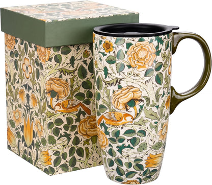 17oz Ceramic Travel Mug with Lid, Art Nouveau Floral Coffee Mug | Vintage Blue Botanical Latte Cup, Microwave & Dishwasher Safe Gift Mug for Home Office Commute