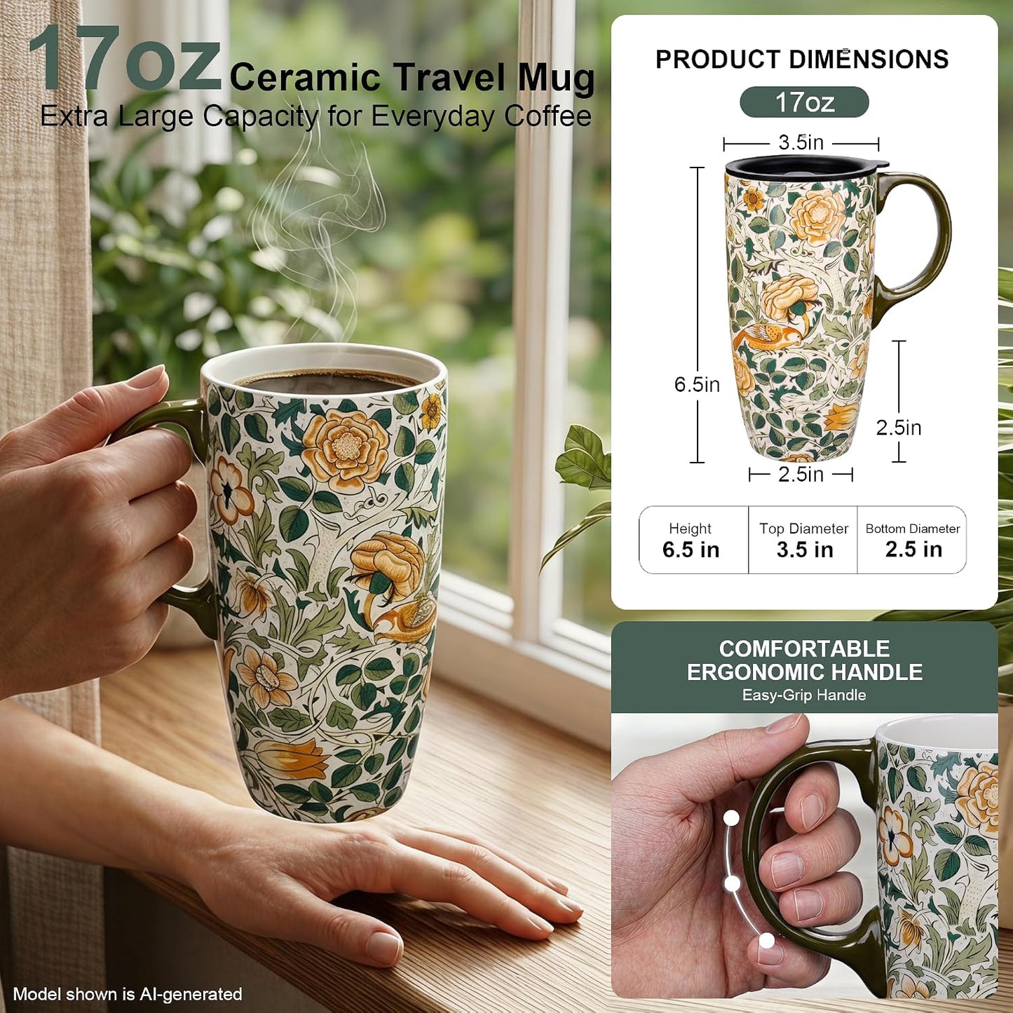 17oz Ceramic Travel Mug with Lid, Art Nouveau Floral Coffee Mug | Vintage Blue Botanical Latte Cup, Microwave & Dishwasher Safe Gift Mug for Home Office Commute