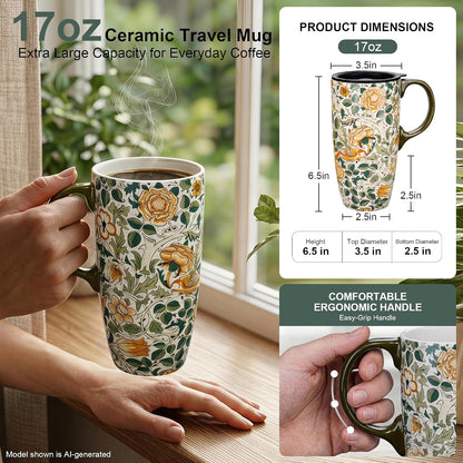 17oz Ceramic Travel Mug with Lid, Art Nouveau Floral Coffee Mug | Vintage Blue Botanical Latte Cup, Microwave & Dishwasher Safe Gift Mug for Home Office Commute