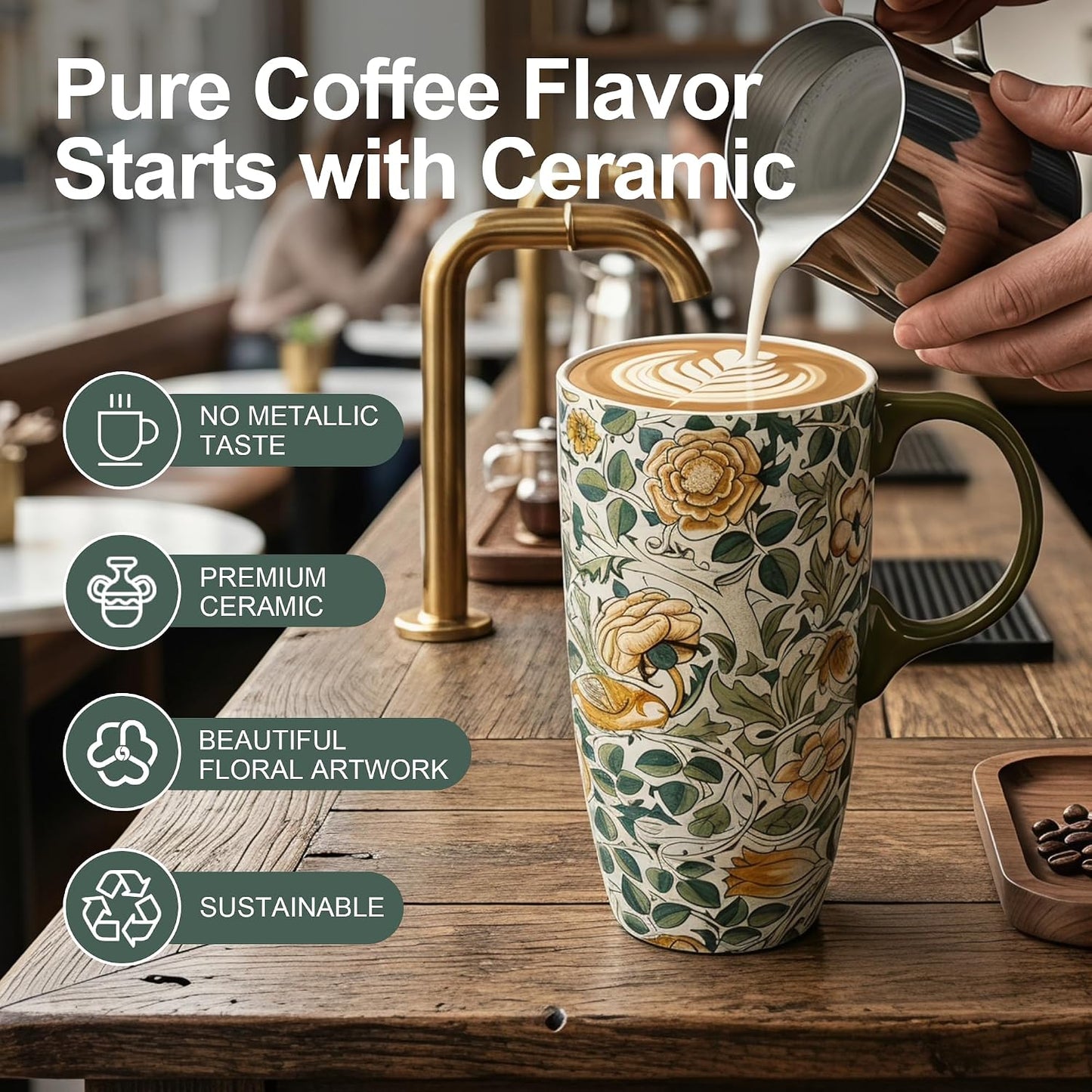 17oz Ceramic Travel Mug with Lid, Art Nouveau Floral Coffee Mug | Vintage Blue Botanical Latte Cup, Microwave & Dishwasher Safe Gift Mug for Home Office Commute