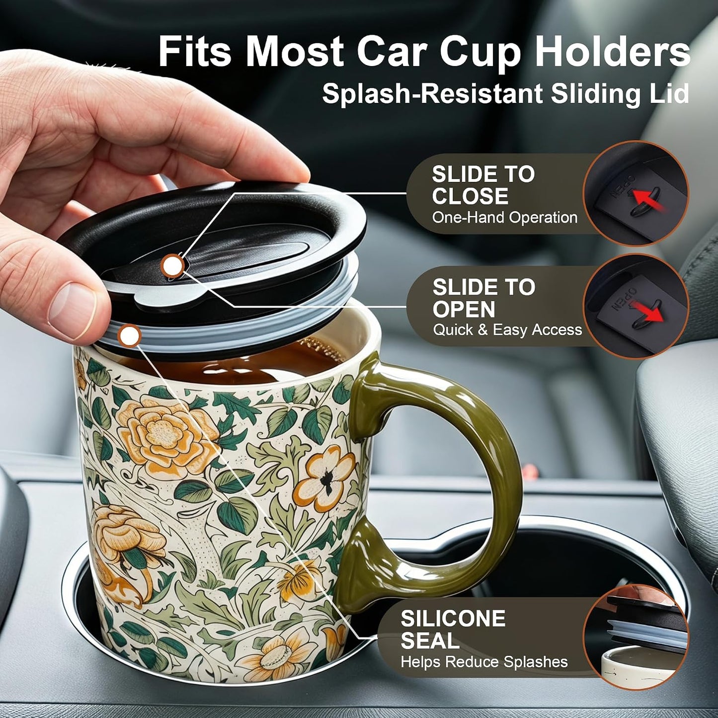 17oz Ceramic Travel Mug with Lid, Art Nouveau Floral Coffee Mug | Vintage Blue Botanical Latte Cup, Microwave & Dishwasher Safe Gift Mug for Home Office Commute