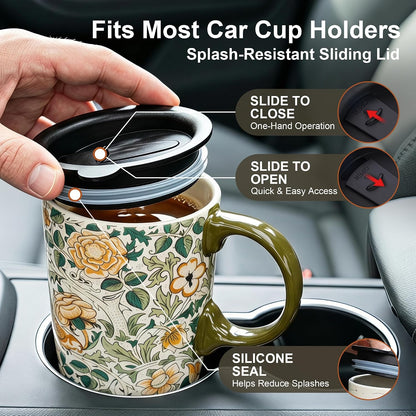 17oz Ceramic Travel Mug with Lid, Art Nouveau Floral Coffee Mug | Vintage Blue Botanical Latte Cup, Microwave & Dishwasher Safe Gift Mug for Home Office Commute