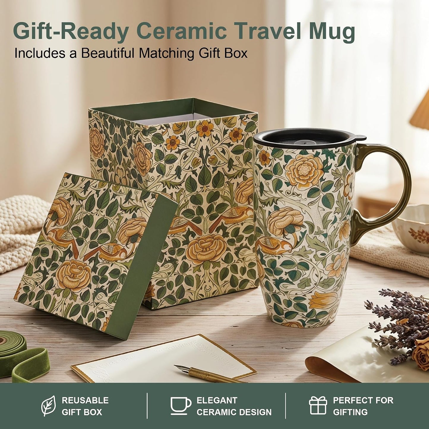 17oz Ceramic Travel Mug with Lid, Art Nouveau Floral Coffee Mug | Vintage Blue Botanical Latte Cup, Microwave & Dishwasher Safe Gift Mug for Home Office Commute