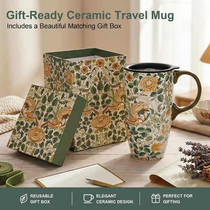 17oz Ceramic Travel Mug with Lid, Art Nouveau Floral Coffee Mug | Vintage Blue Botanical Latte Cup, Microwave & Dishwasher Safe Gift Mug for Home Office Commute