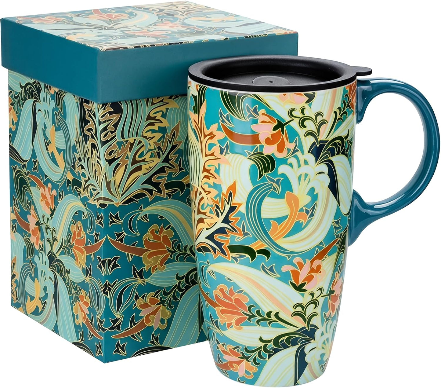 17oz Ceramic Travel Mug with Lid, Art Nouveau Floral Coffee Mug | Vintage Blue Botanical Latte Cup, Microwave & Dishwasher Safe Gift Mug for Home Office Commute