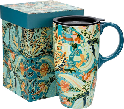 17oz Ceramic Travel Mug with Lid, Art Nouveau Floral Coffee Mug | Vintage Blue Botanical Latte Cup, Microwave & Dishwasher Safe Gift Mug for Home Office Commute