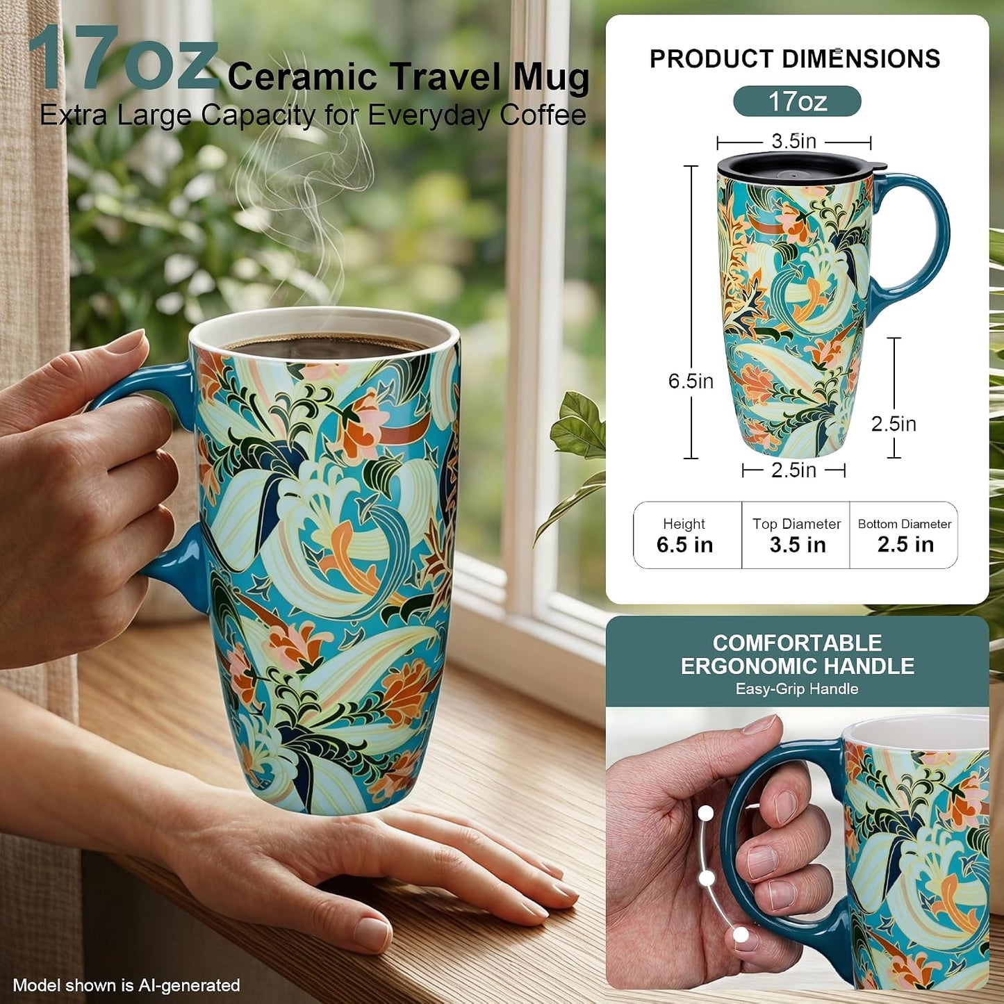 17oz Ceramic Travel Mug with Lid, Art Nouveau Floral Coffee Mug | Vintage Blue Botanical Latte Cup, Microwave & Dishwasher Safe Gift Mug for Home Office Commute