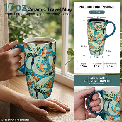 17oz Ceramic Travel Mug with Lid, Art Nouveau Floral Coffee Mug | Vintage Blue Botanical Latte Cup, Microwave & Dishwasher Safe Gift Mug for Home Office Commute