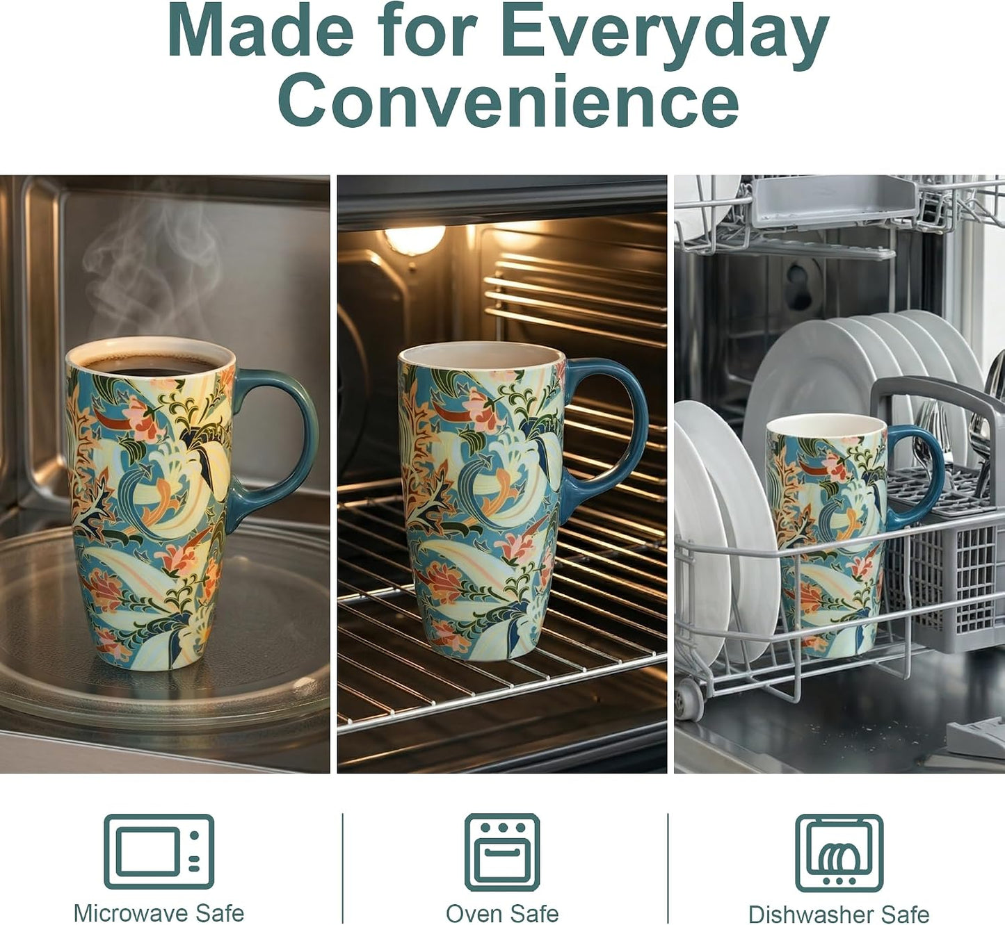 17oz Ceramic Travel Mug with Lid, Art Nouveau Floral Coffee Mug | Vintage Blue Botanical Latte Cup, Microwave & Dishwasher Safe Gift Mug for Home Office Commute