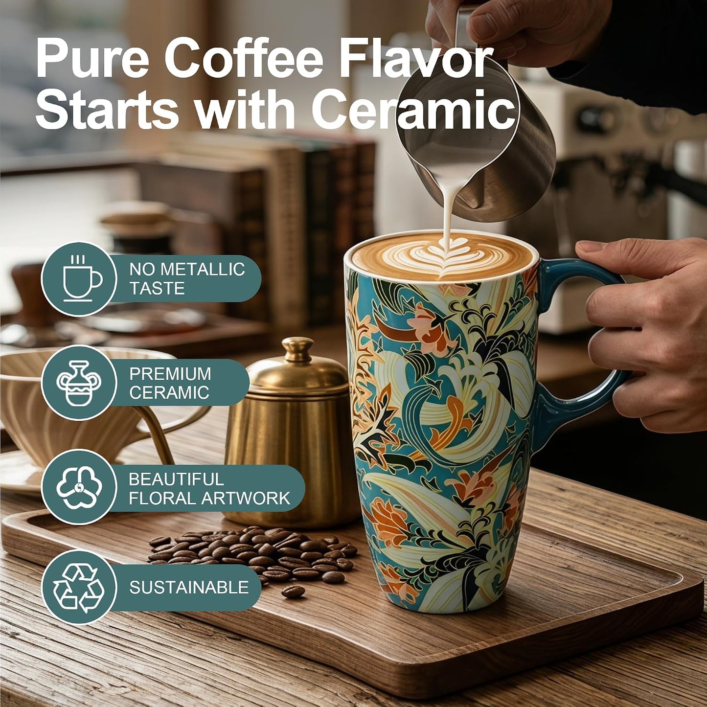 17oz Ceramic Travel Mug with Lid, Art Nouveau Floral Coffee Mug | Vintage Blue Botanical Latte Cup, Microwave & Dishwasher Safe Gift Mug for Home Office Commute