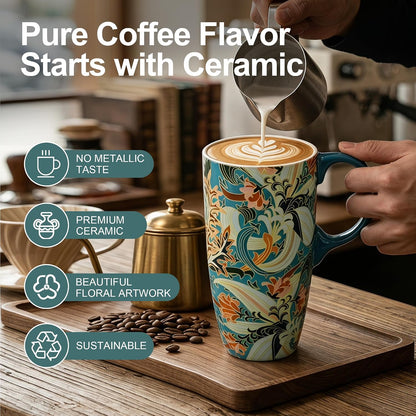 17oz Ceramic Travel Mug with Lid, Art Nouveau Floral Coffee Mug | Vintage Blue Botanical Latte Cup, Microwave & Dishwasher Safe Gift Mug for Home Office Commute
