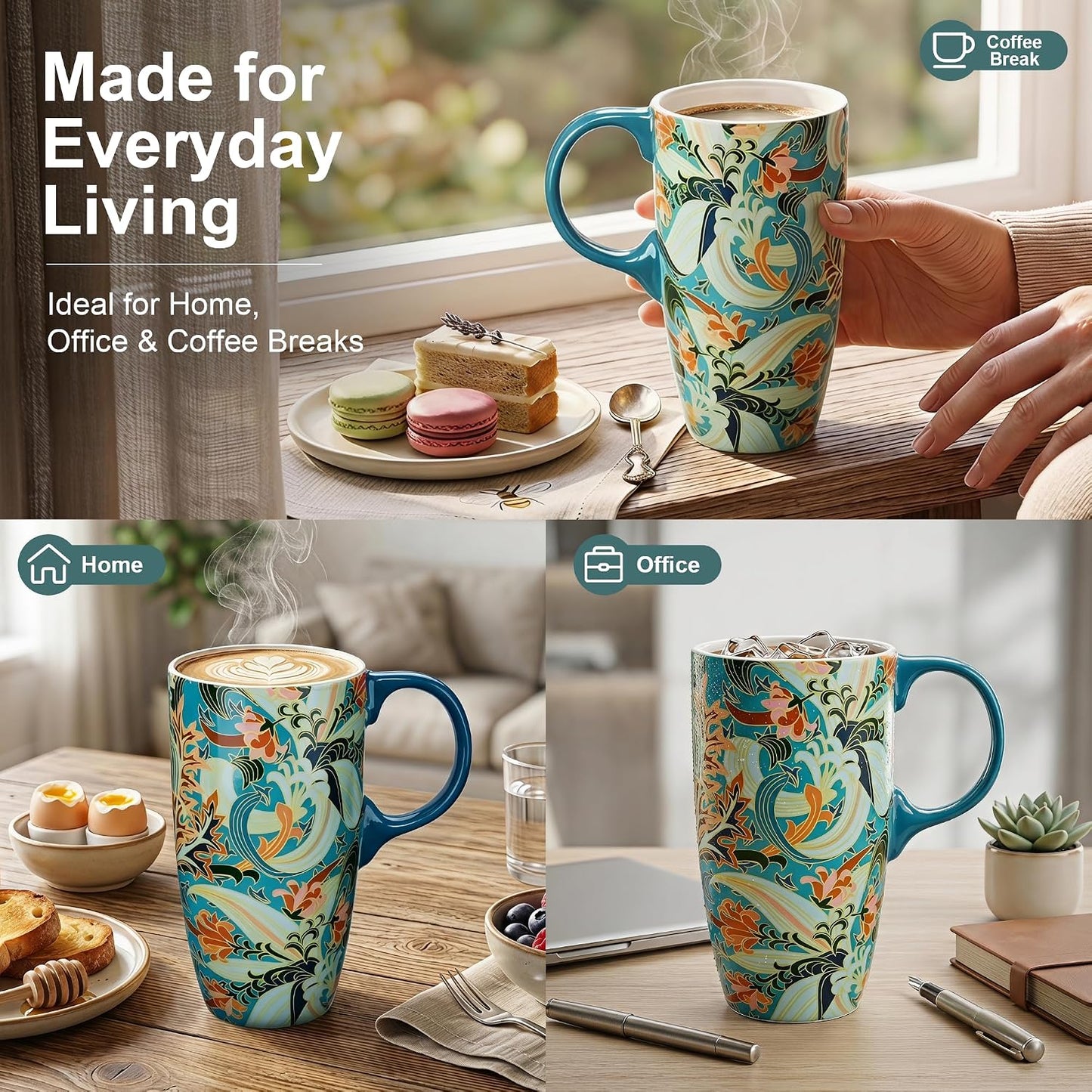 17oz Ceramic Travel Mug with Lid, Art Nouveau Floral Coffee Mug | Vintage Blue Botanical Latte Cup, Microwave & Dishwasher Safe Gift Mug for Home Office Commute