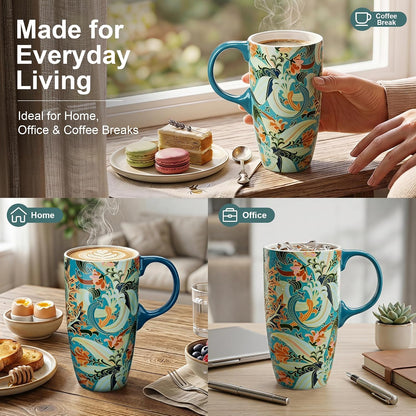 17oz Ceramic Travel Mug with Lid, Art Nouveau Floral Coffee Mug | Vintage Blue Botanical Latte Cup, Microwave & Dishwasher Safe Gift Mug for Home Office Commute