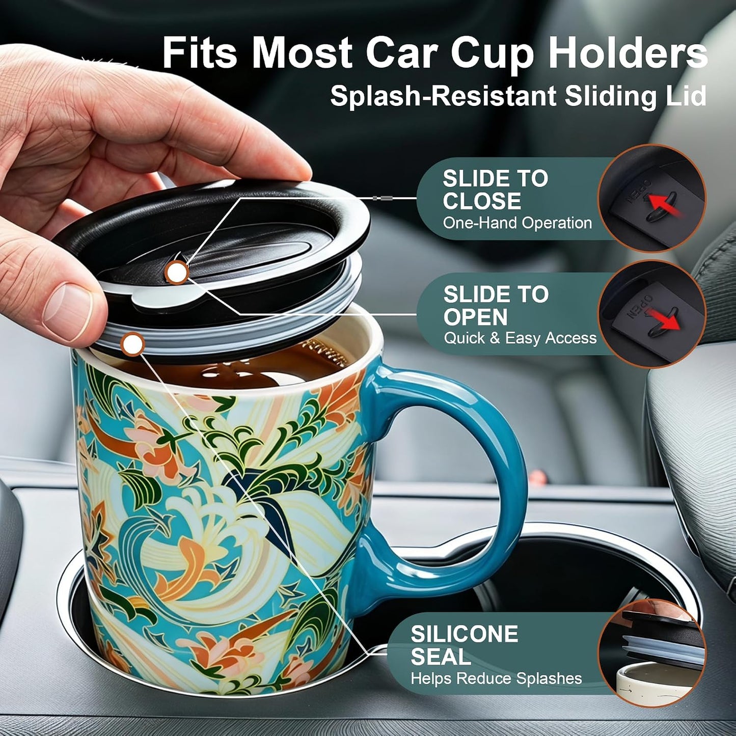17oz Ceramic Travel Mug with Lid, Art Nouveau Floral Coffee Mug | Vintage Blue Botanical Latte Cup, Microwave & Dishwasher Safe Gift Mug for Home Office Commute