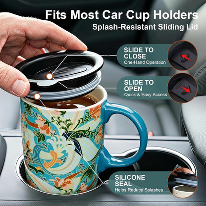 17oz Ceramic Travel Mug with Lid, Art Nouveau Floral Coffee Mug | Vintage Blue Botanical Latte Cup, Microwave & Dishwasher Safe Gift Mug for Home Office Commute