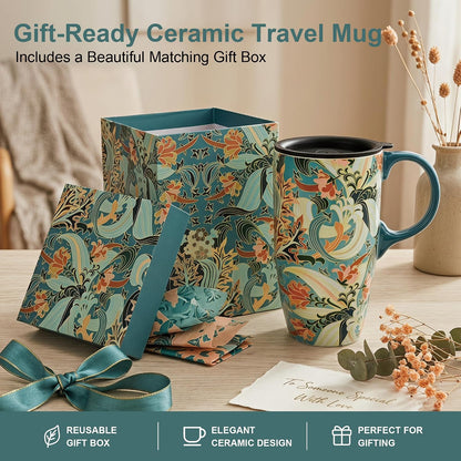 17oz Ceramic Travel Mug with Lid, Art Nouveau Floral Coffee Mug | Vintage Blue Botanical Latte Cup, Microwave & Dishwasher Safe Gift Mug for Home Office Commute