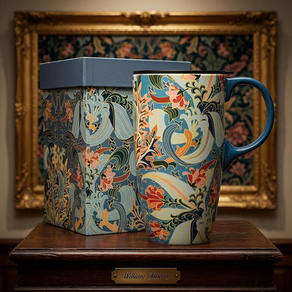 17oz Ceramic Travel Mug with Lid, Art Nouveau Floral Coffee Mug | Vintage Blue Botanical Latte Cup, Microwave & Dishwasher Safe Gift Mug for Home Office Commute