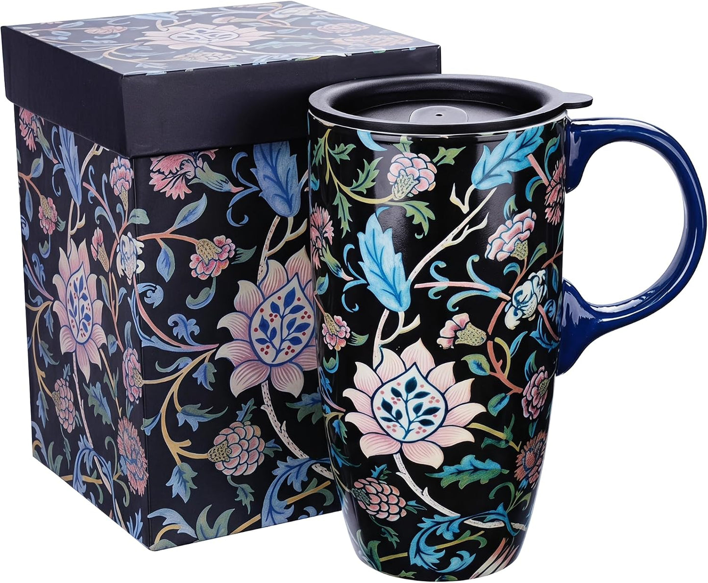 17oz Ceramic Travel Mug with Lid, Art Nouveau Floral Coffee Mug | Vintage Blue Botanical Latte Cup, Microwave & Dishwasher Safe Gift Mug for Home Office Commute