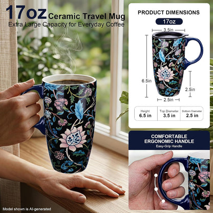 17oz Ceramic Travel Mug with Lid, Art Nouveau Floral Coffee Mug | Vintage Blue Botanical Latte Cup, Microwave & Dishwasher Safe Gift Mug for Home Office Commute