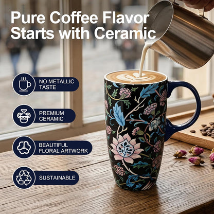17oz Ceramic Travel Mug with Lid, Art Nouveau Floral Coffee Mug | Vintage Blue Botanical Latte Cup, Microwave & Dishwasher Safe Gift Mug for Home Office Commute